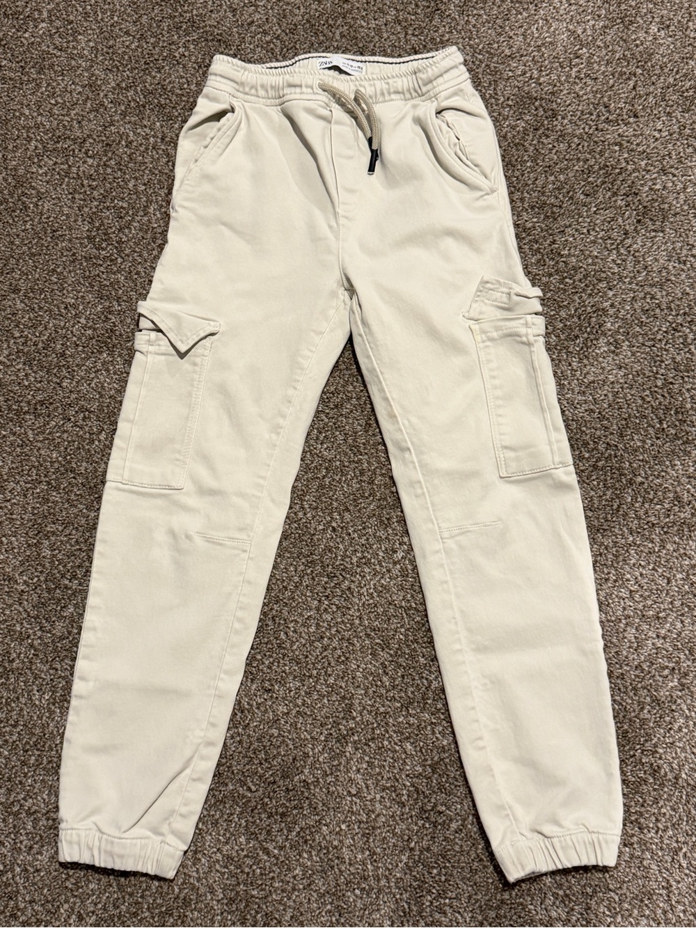 Zara Boys Beige Cargo Jogger Pants Size 11-12 Elastic Waist Drawstring